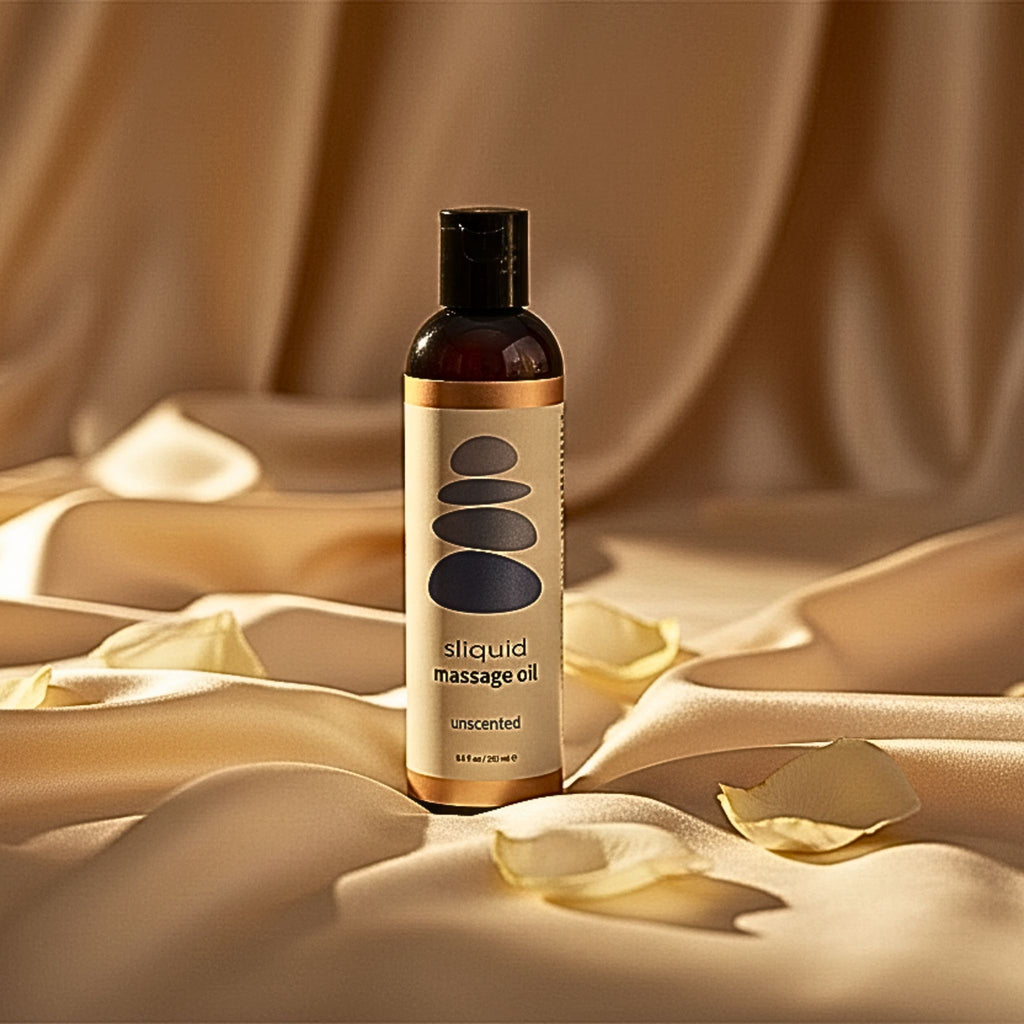 Sliquid unscented massage oil rests on warm gold silk with white petals for intimate wellness.
