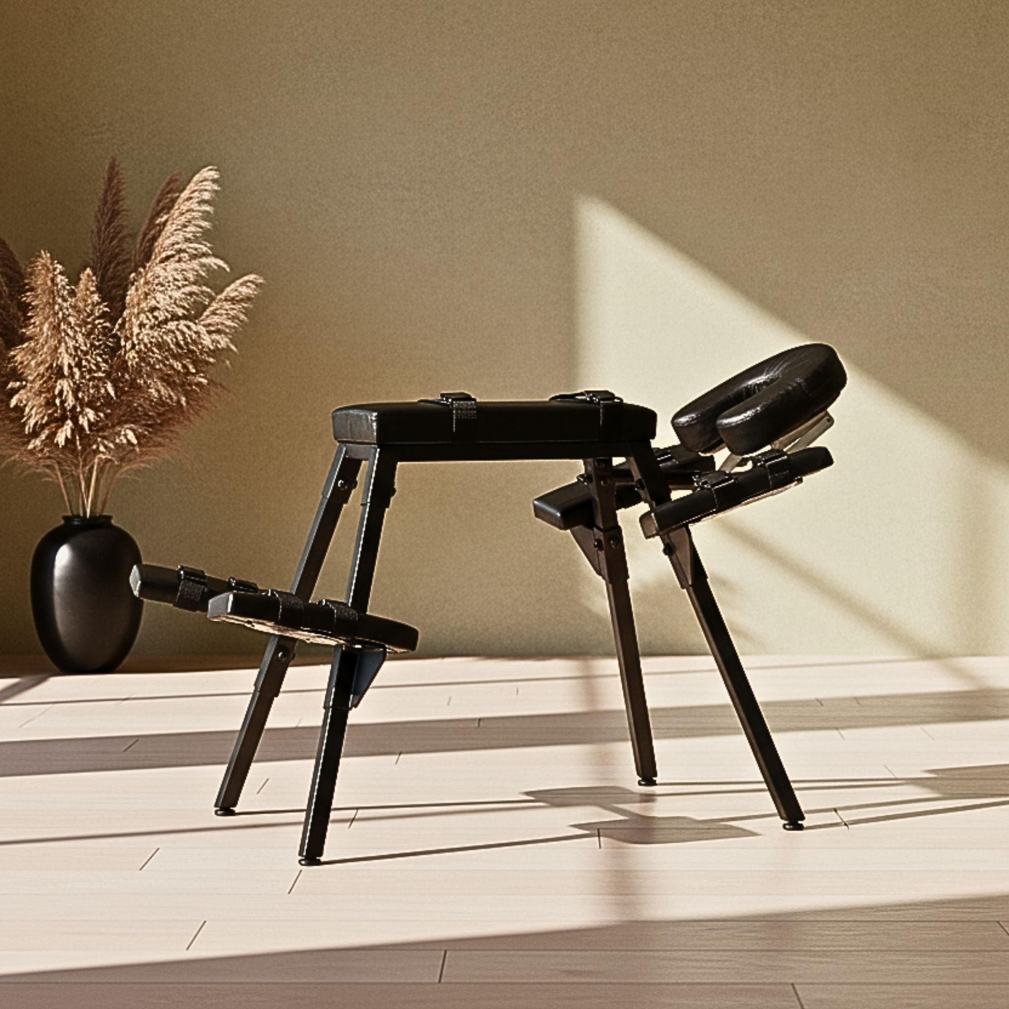 Somatic integration bench side profile offering structural relief and ergonomic wellness.