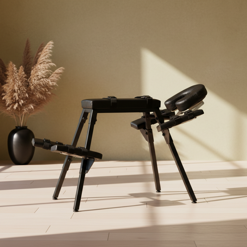 Somatic integration bench side profile offering structural relief and ergonomic wellness.