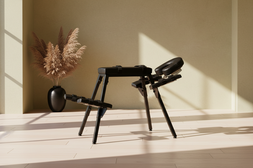 Somatic integration bench side profile offering structural relief and ergonomic wellness.