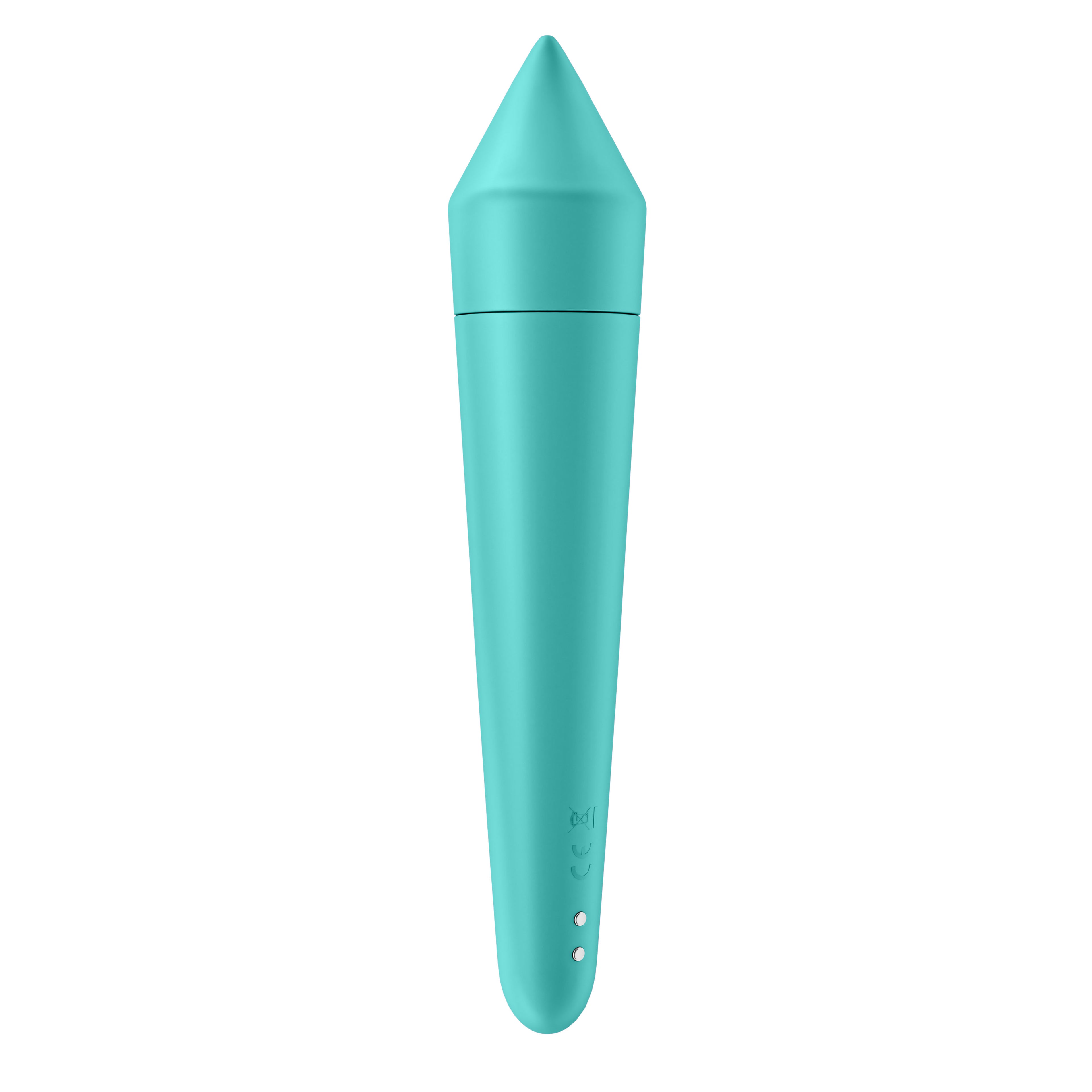 The back view of a turquoise silicone wellness tool, highlighting its seamless, waterproof design and two small magnetic USB charging ports near the base.