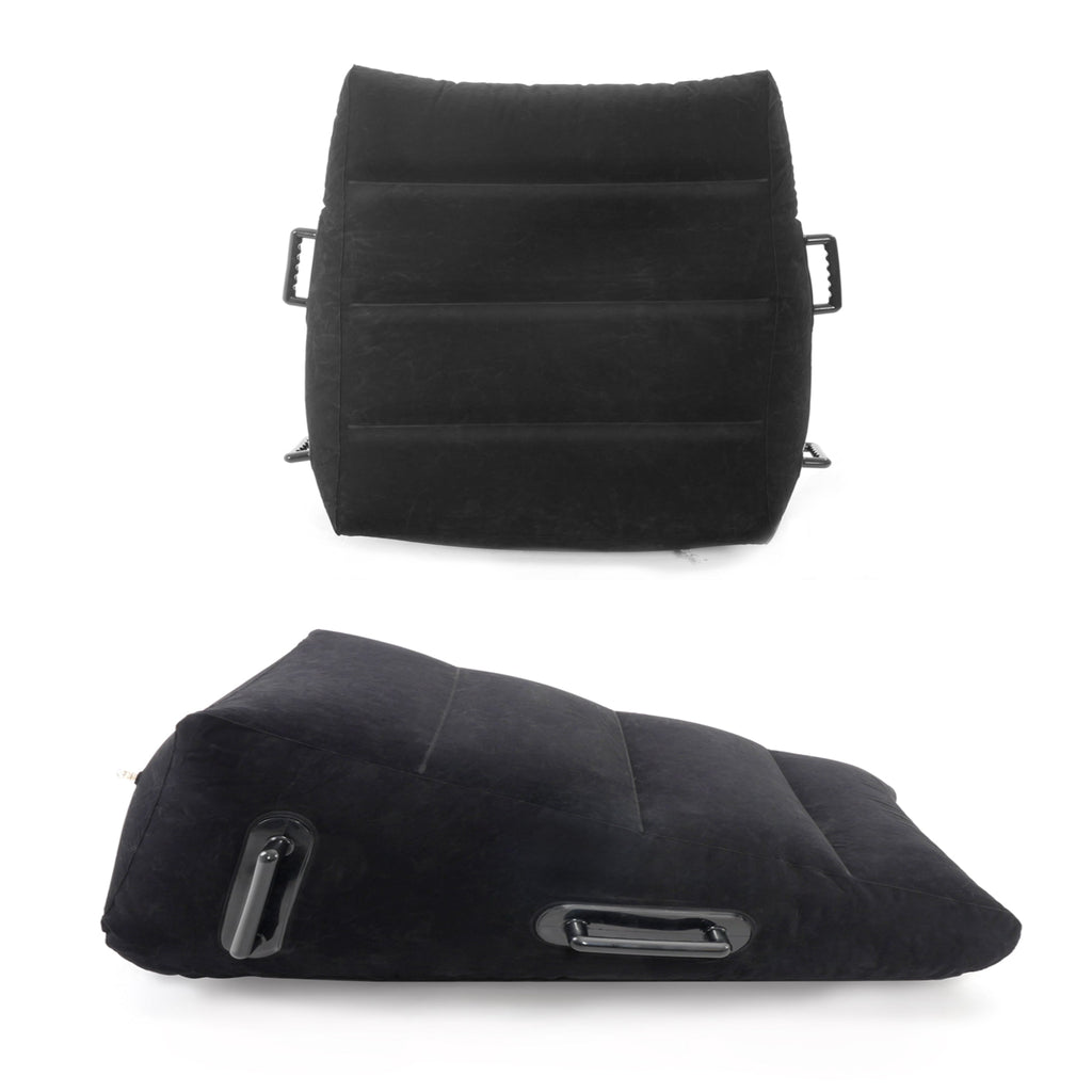 Top and side view of adaptive intimacy wedge showing supportive slant and side handles.
