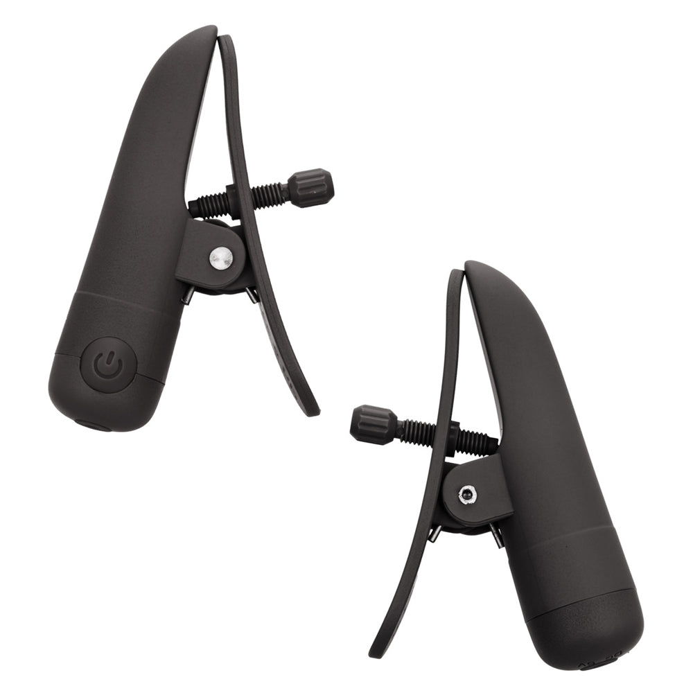 Two matte black adjustable vibrating sensory clamps. These rechargeable, easy to control sensory tools feature precision tension screws for customizable intimate wellness and a sensory-friendly experience.