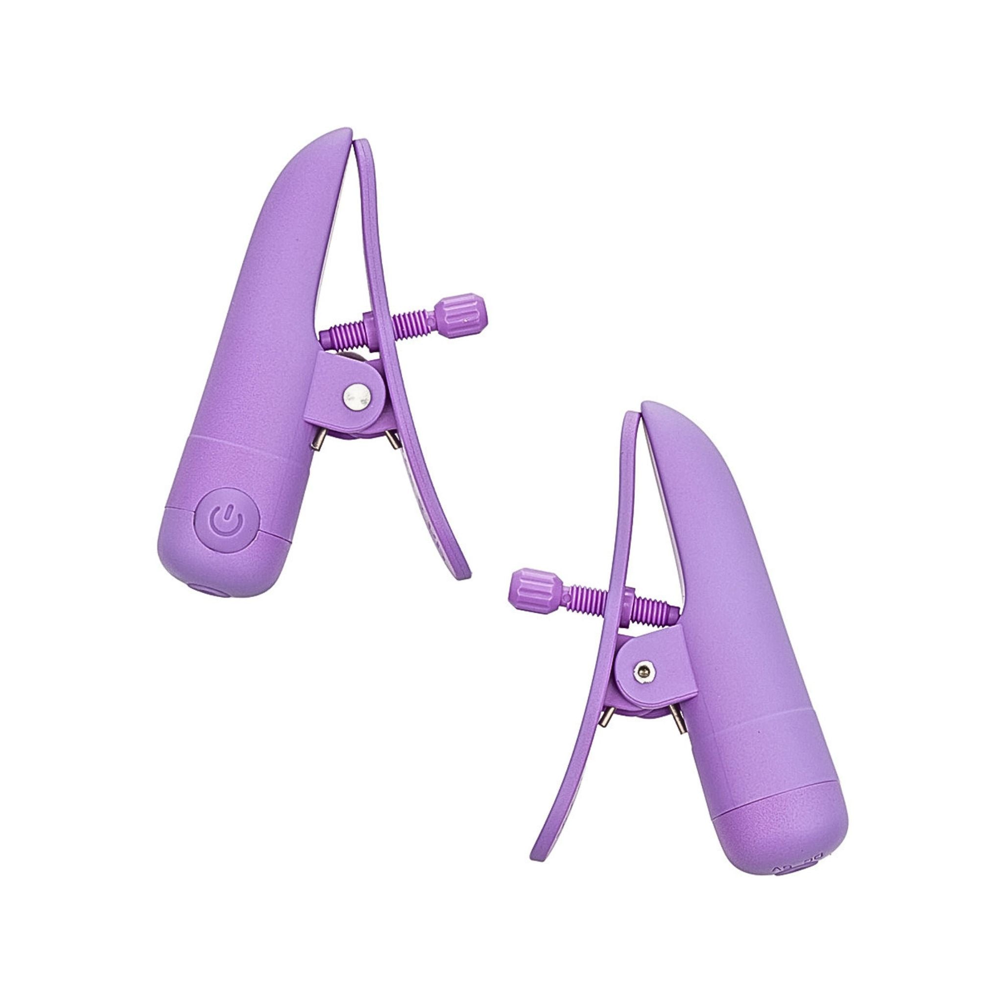 Two matte purple adjustable percussive sensory clamps with low dexterity adaptive design.