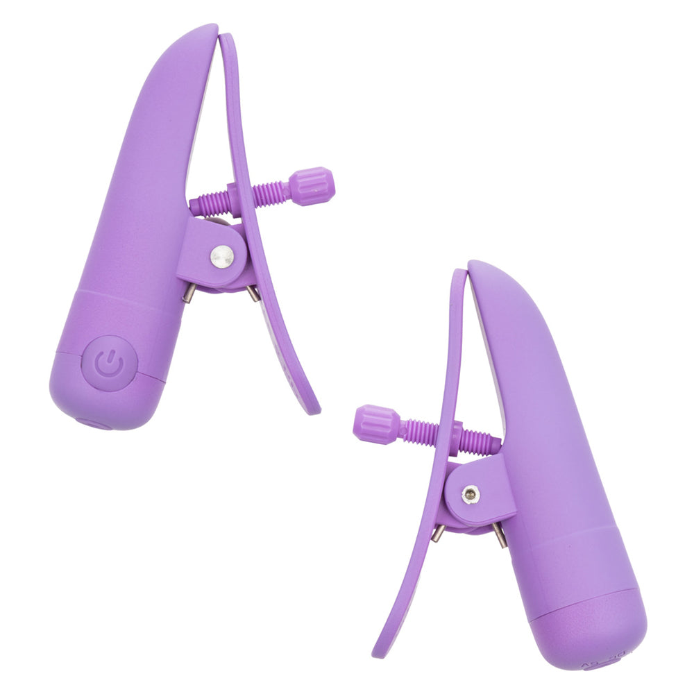 Two matte purple adjustable vibrating sensory clamps. These rechargeable, easy to control sensory tools feature precision tension screws for customizable intimate wellness and a sensory-friendly experience.