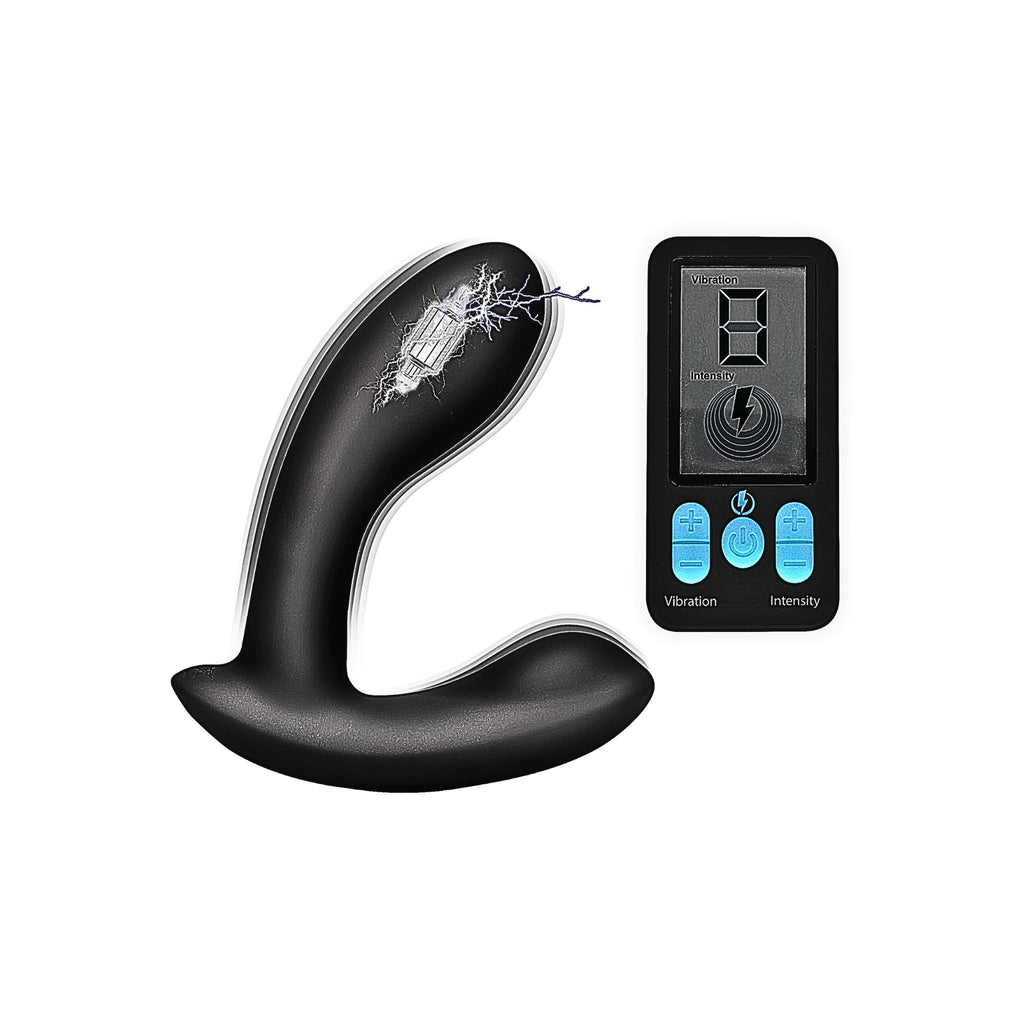 Wireless remote control and inclusive prostate massager displaying e-stim modes.